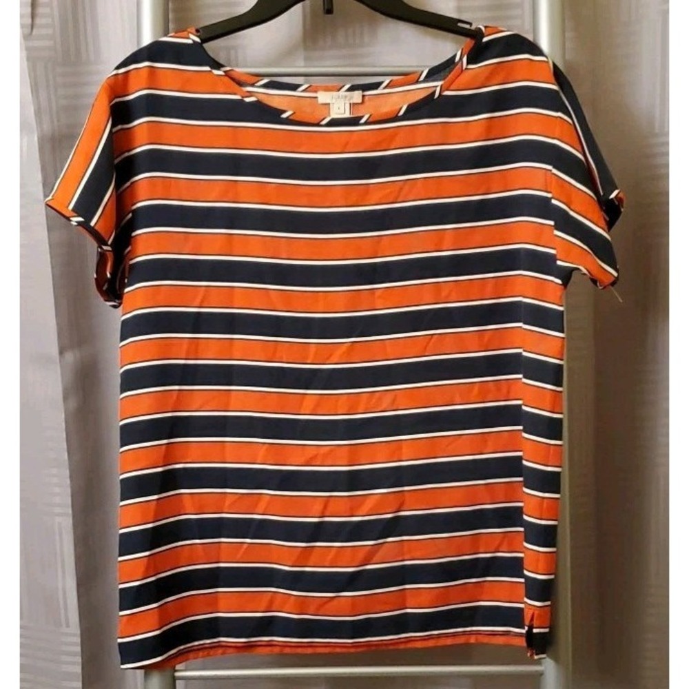 J Crew Women's 100% Silk Orange And Blue Striped‎ Pullover Women's Size 4 Small